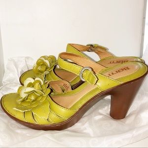 Green Born sandals · flower accents · "Cornflower"